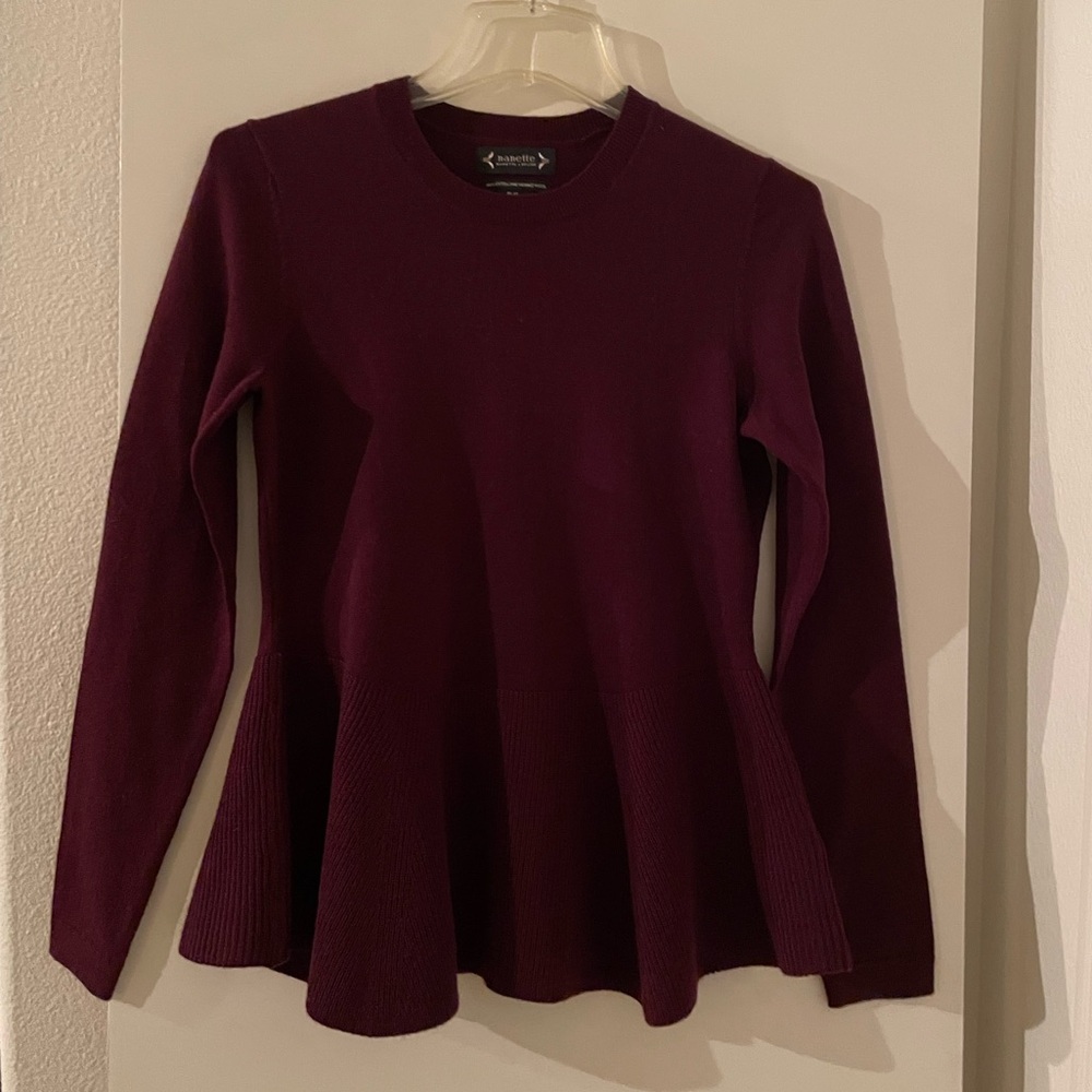 Nanette Lepore Fine Merino Wool Peplum Crew Neck Sweater Wine NWOT